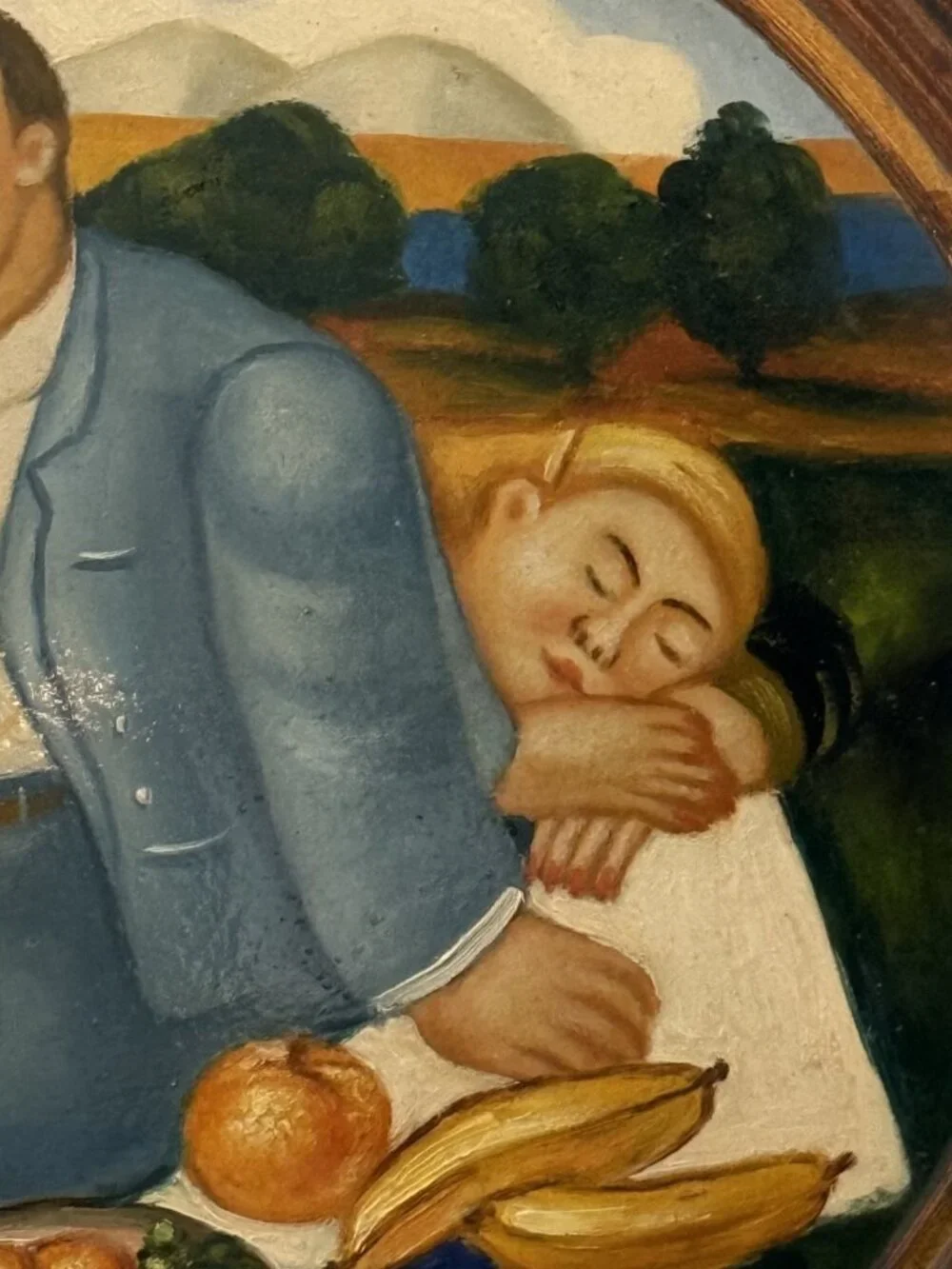 Botero Style Picnic Hand Painted Oil Painting Mid-Century Artwork (Signed Leona)